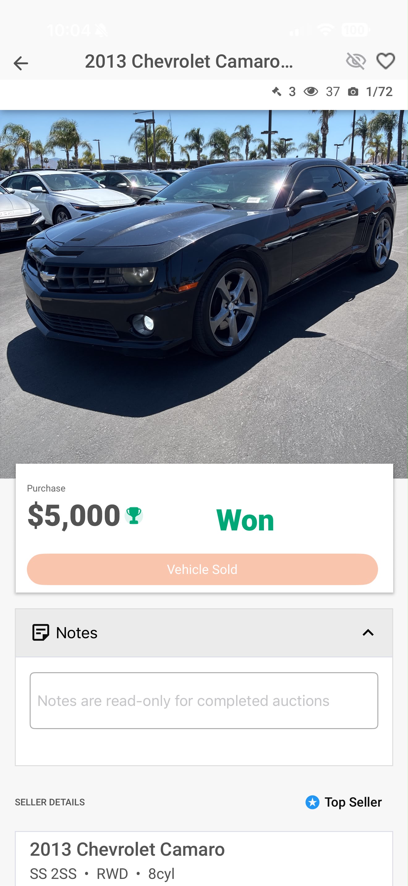 2013 Chevrolet Camaro SS — bought $5,000, auction won